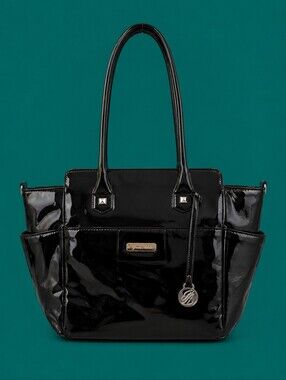 GRACE ADELE Black Patent Faux Leather Carryall Tote Sadie Shoulder Nappy Bag